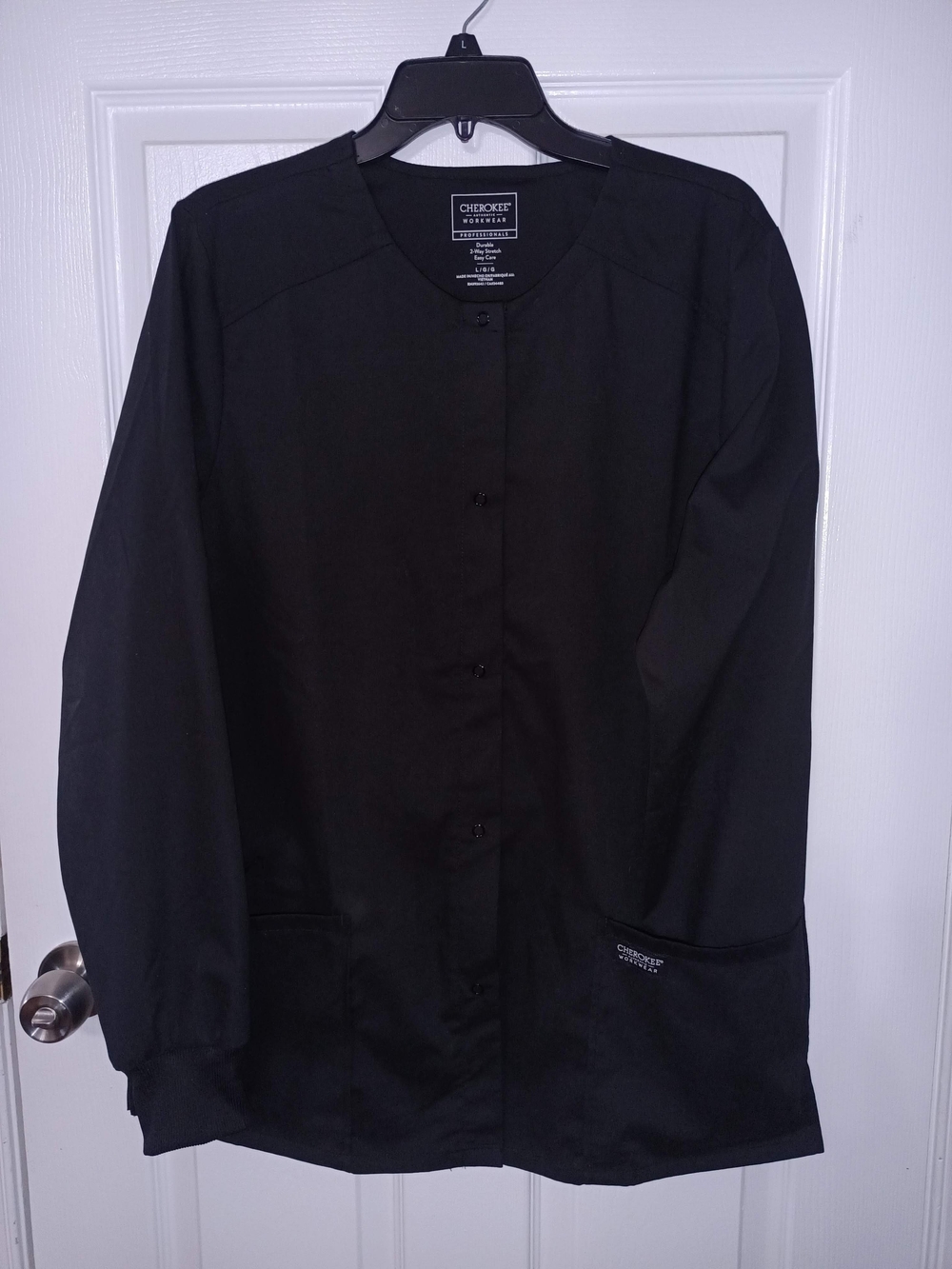 Cherokee Women's Snap Front Crew Neck Black Scrub Jacket